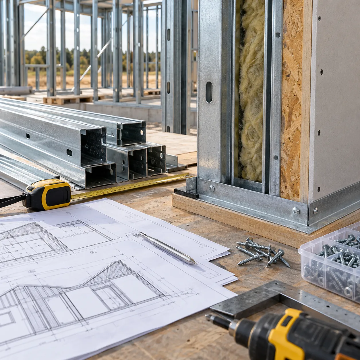Corte de un muro steel framing con perfiles de acero, aislación, placa OSB y placa de cierre, junto a planos de obra