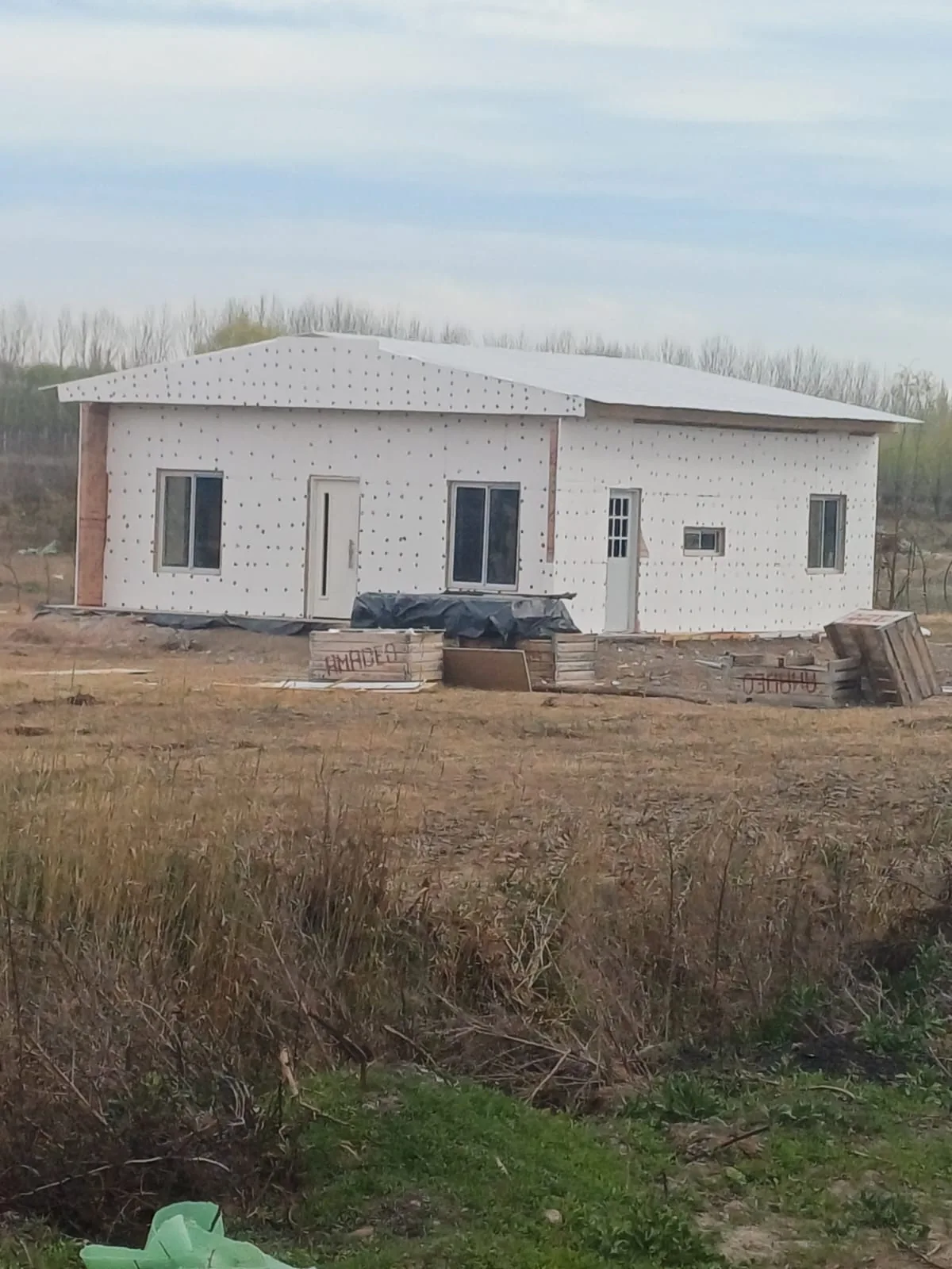 Frente de la casa con revestimiento claro y aberturas